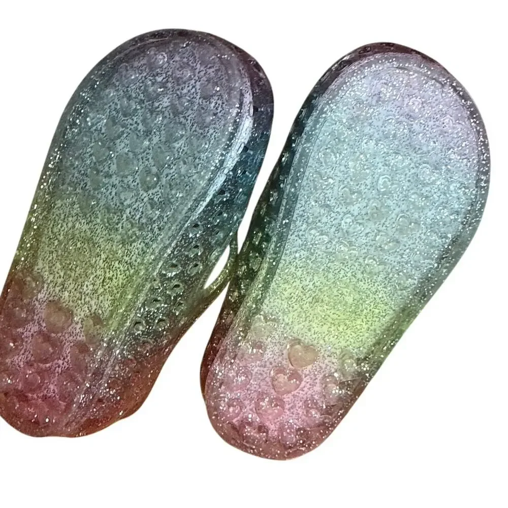 Wonder Nation Rainbow Glitter Jelly Shoes Girls 6C Unicorn Heart Velcro Sandals